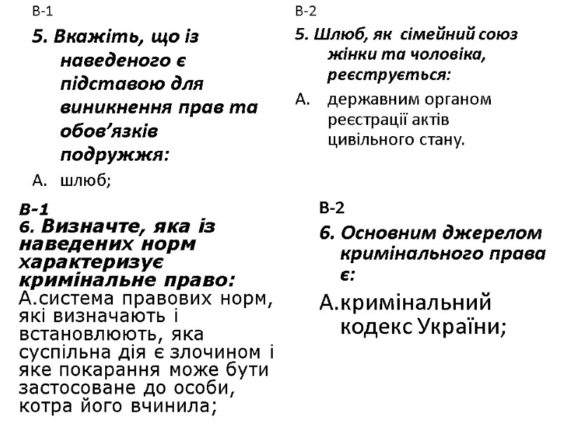 В-1 5. Вкажіть, що із наведеного є підставою для  виникнення прав та обов’язків